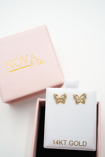 14k Solid Gold - Butterfly Studs - Cubic Zirconia