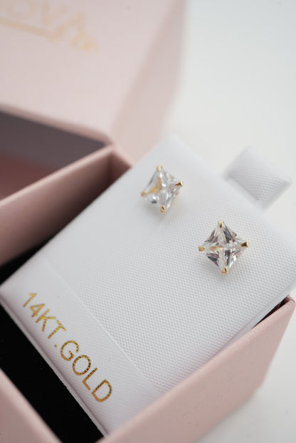 14k Solid Gold - Princess Cut Studs - Everyday Earring