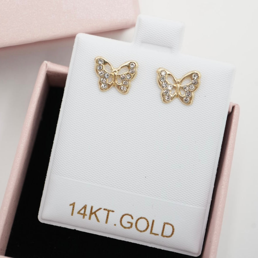 14k Solid Gold - Butterfly Studs - Cubic Zirconia