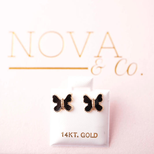 14k Solid Gold - Black Onyx Butterfly Studs - Screw Backs - Everyday Wear
