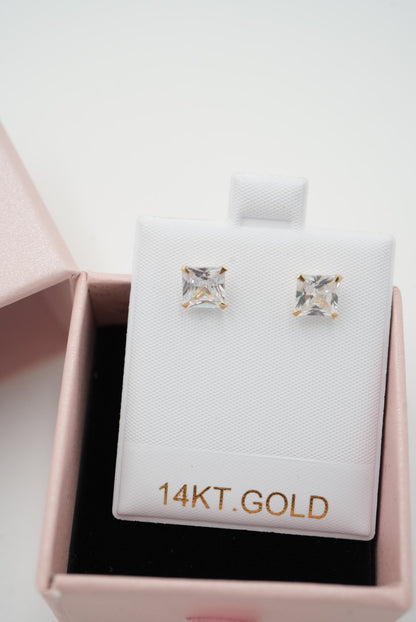 14k Solid Gold - Princess Cut Studs - Everyday Earring