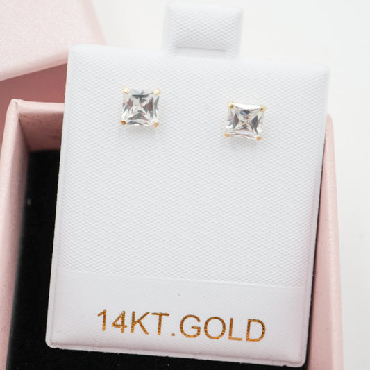 14k Solid Gold - Everyday Princess Cut Studs - Earrings