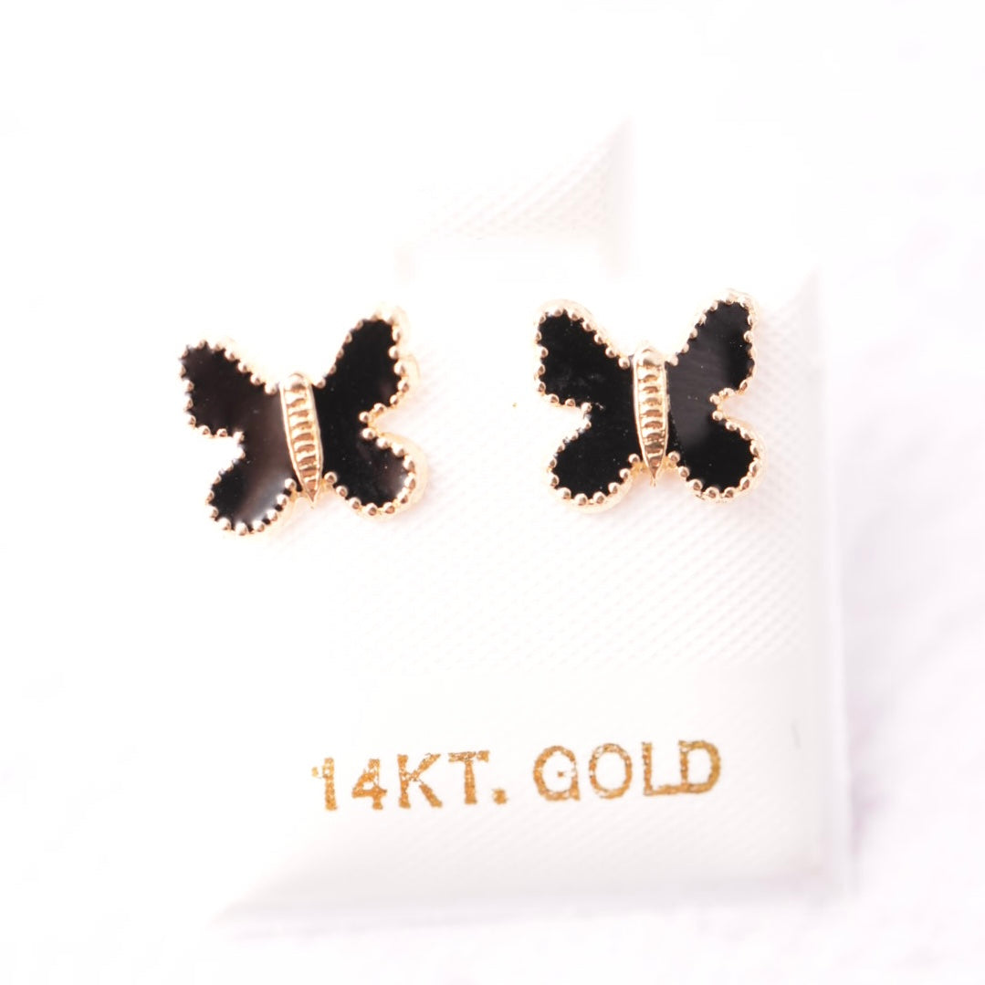 14k Solid Gold - Black Onyx Butterfly Studs - Screw Backs - Everyday Wear