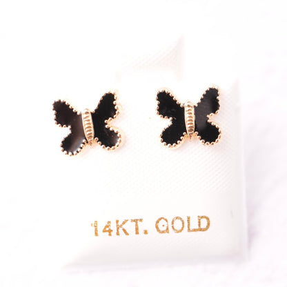 14k Solid Gold - Black Onyx Butterfly Studs - Screw Backs - Everyday Wear