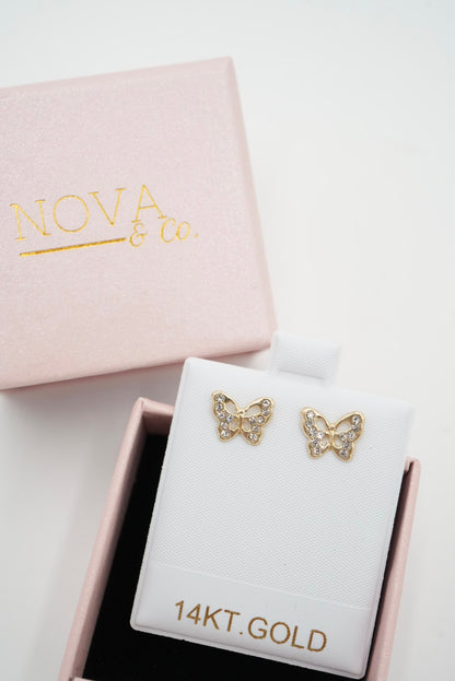 14k Solid Gold - Butterfly Studs - Cubic Zirconia