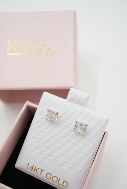 14k Solid Gold - Princess Cut Studs - Everyday Earring
